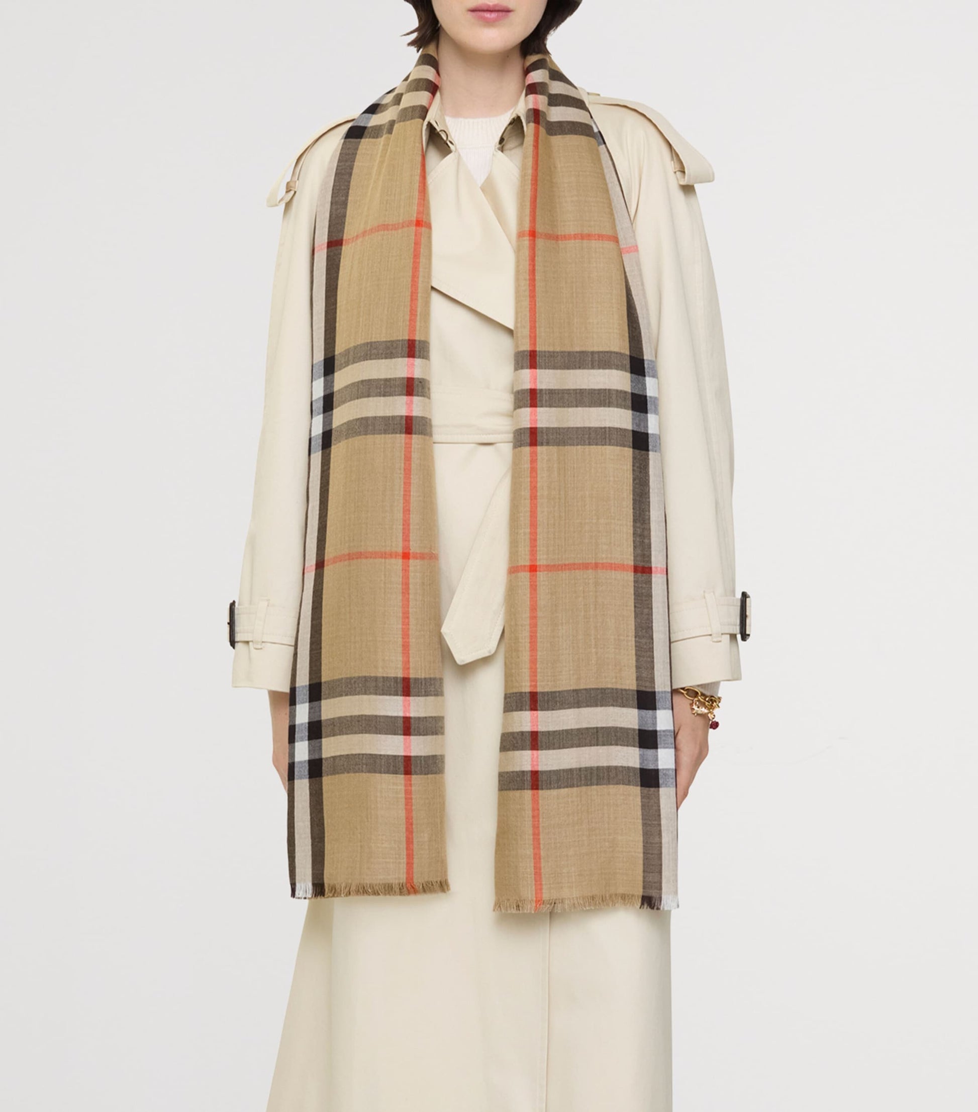 Beige Wool-Silk Reversible Check Scarf