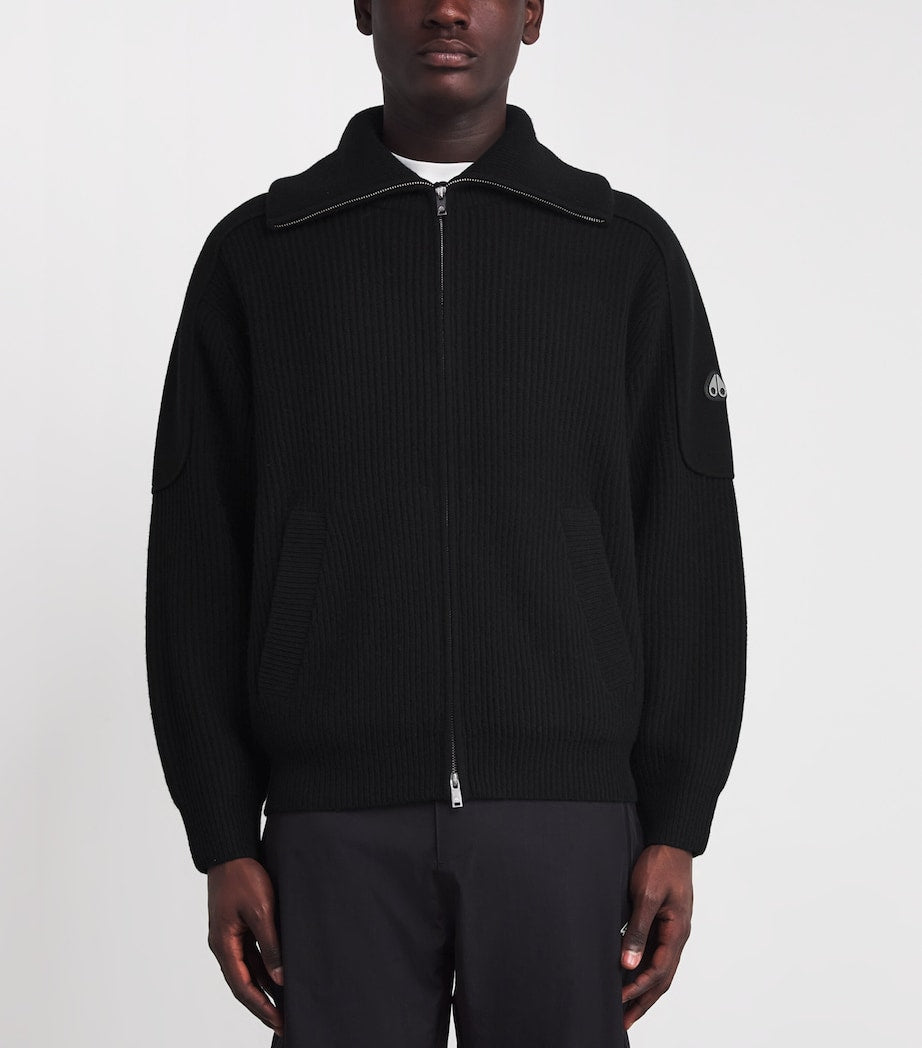 Moose Knuckles Black Wool Ribbed Zip-Up Cardigan