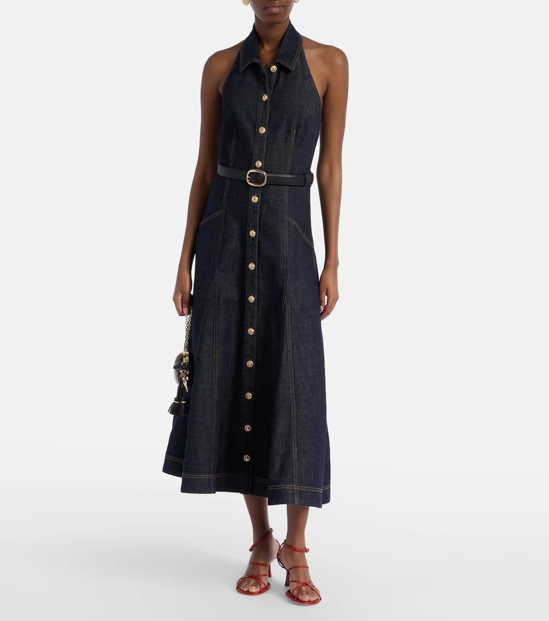 Self-Portrait - Halterneck denim midi dress