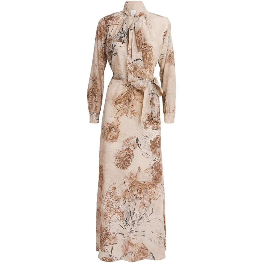 Eleventy Beige Silk Printed Pussybow Maxi Dress