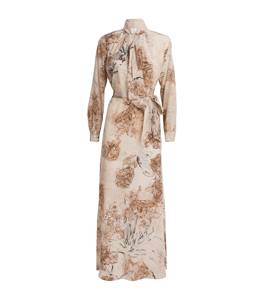 Eleventy Beige Silk Printed Pussybow Maxi Dress