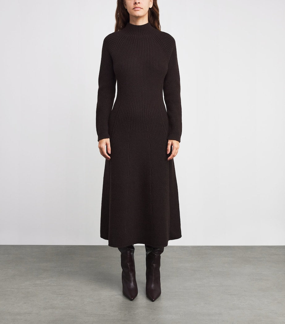 Johnstons Of Elgin Brown Cashmere-Blend Ribbed Midi Knitted Dress