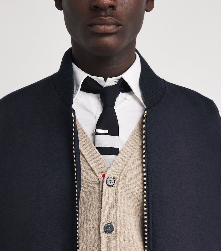 Thom Browne Navy Wool-Leather 4-Bar Oversized Bomber Jacket