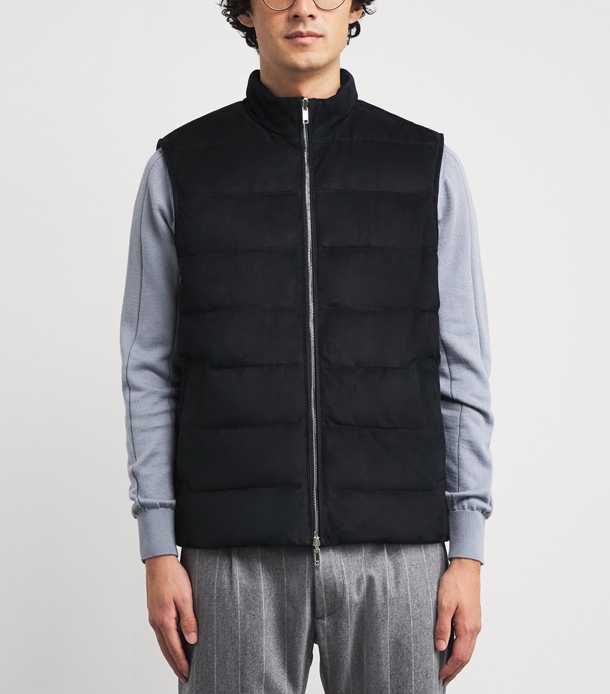 Eleventy Blue Reversible Down Leather and Wool-Cashmere Gilet