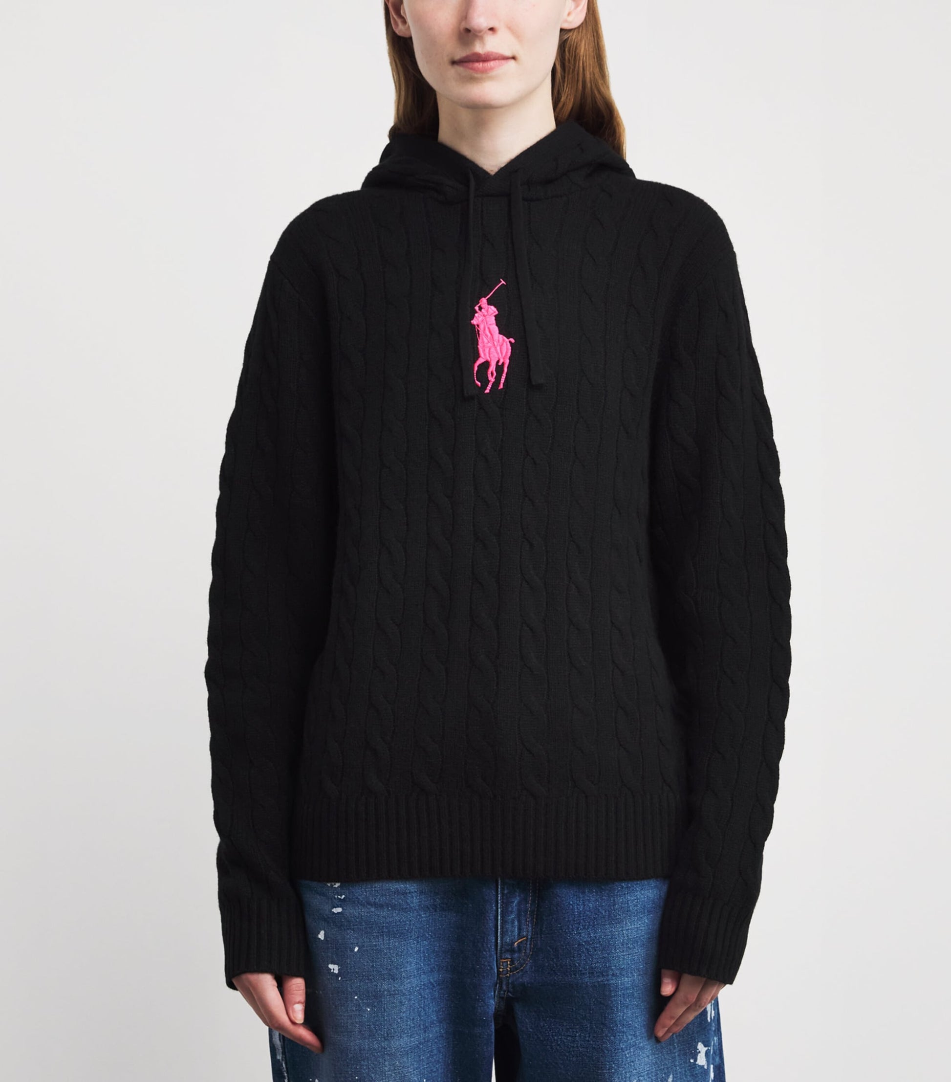 Black Wool-Cashmere Cable-Knit Pink Pony Hoodie