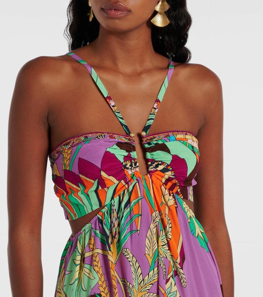Camilla - Gathered printed silk cutout maxi dress