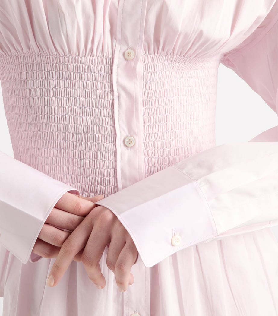 Pink Poplin Smocked-Waist Shirt Dress