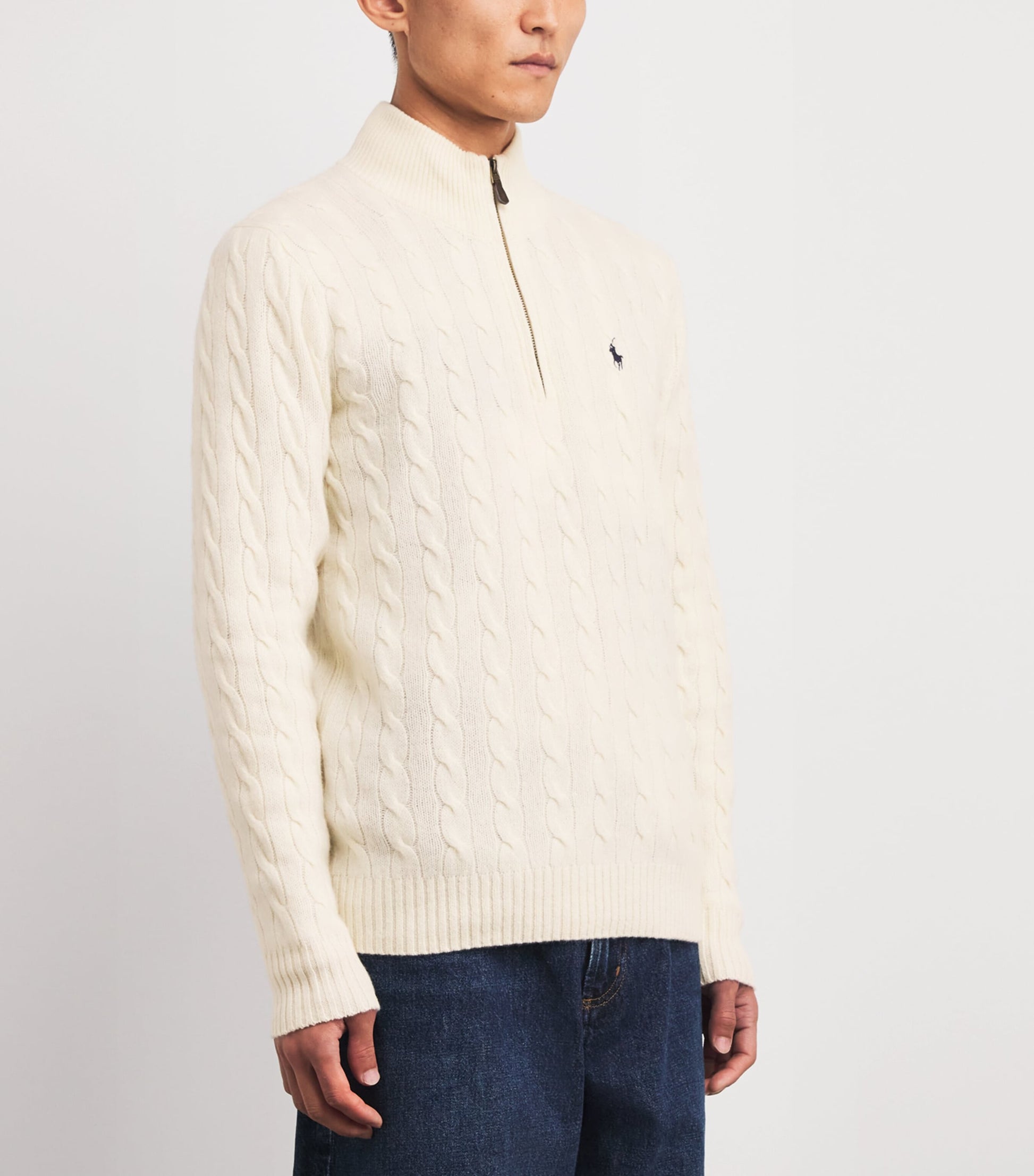 Polo Ralph Lauren White Wool-Cashmere Cable-Knit Quarter-Zip Sweater