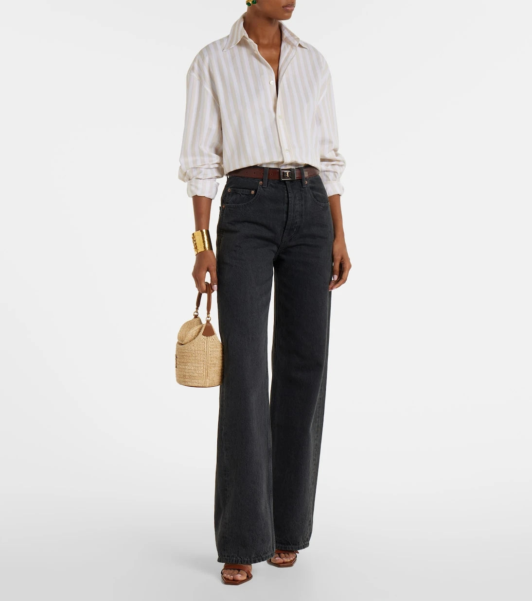 Saint Laurent - Gaby leather-trimmed raffia bucket bag
