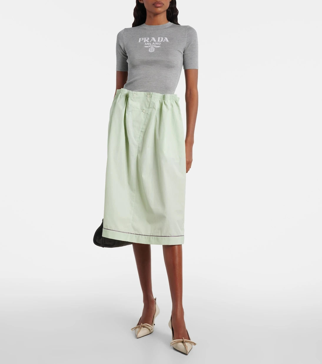 Prada - Logo ribbed-trim silk T-shirt