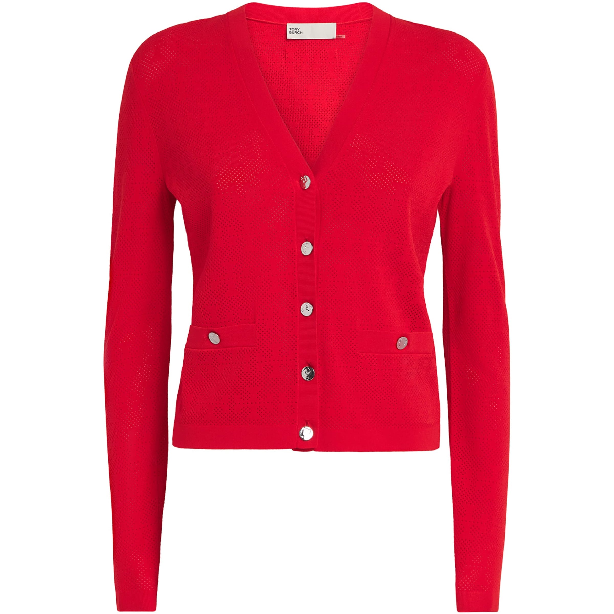 Tory Burch Red Monogram Pointelle Cardigan