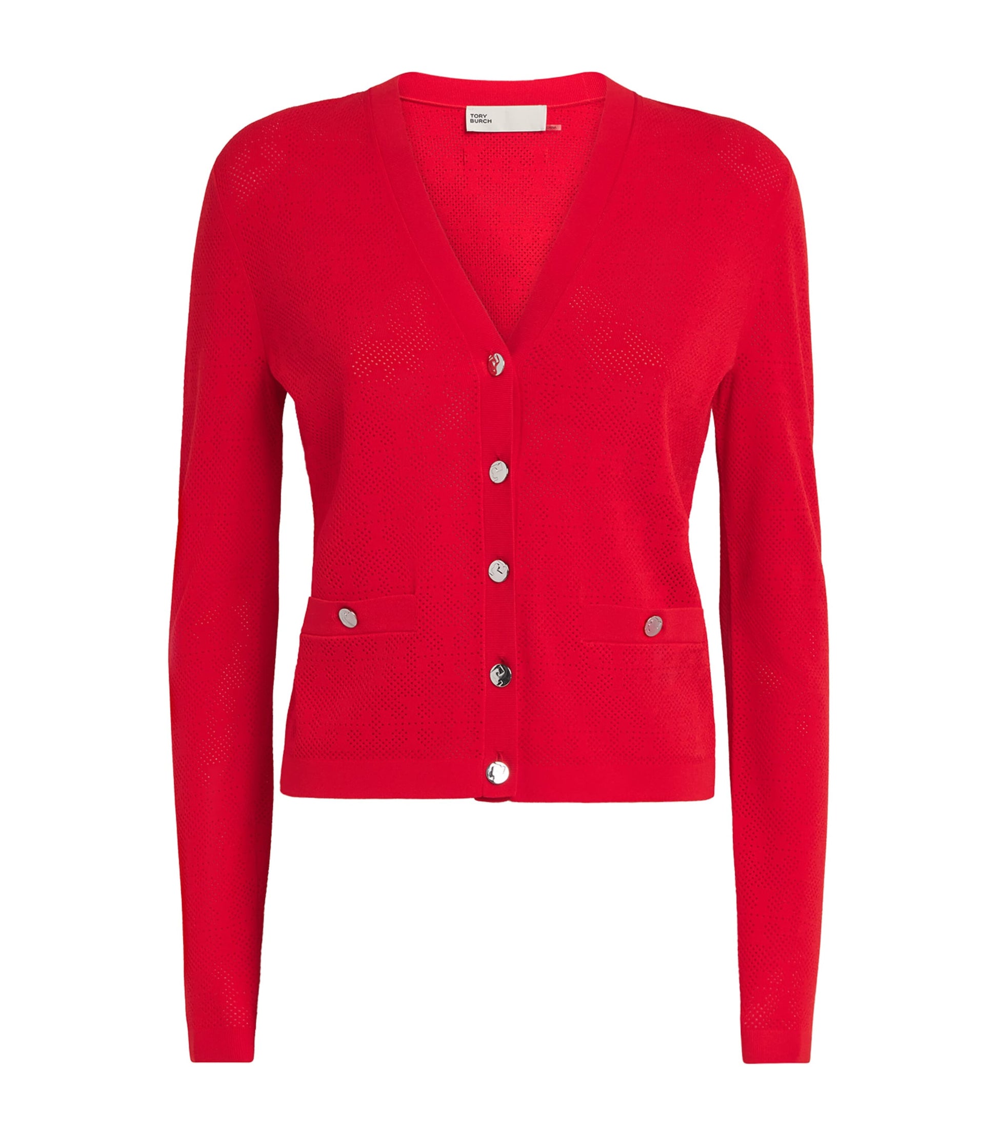 Tory Burch Red Monogram Pointelle Cardigan