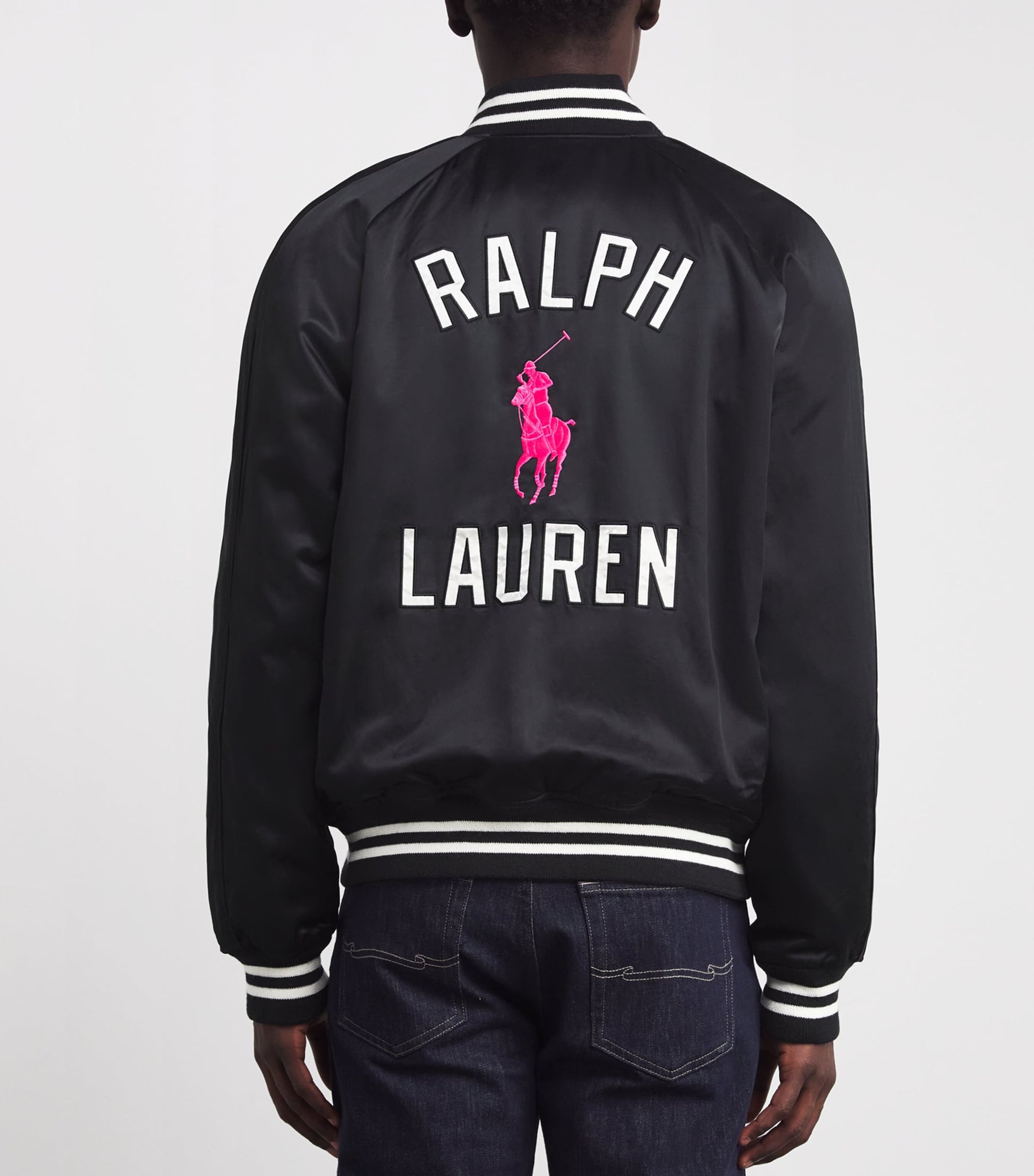 Polo Ralph Lauren Black Satin Pink Pony Baseball Jacket