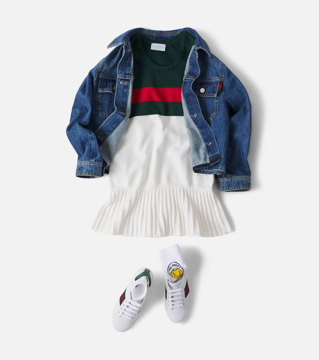 Gucci Kids - فستان من القطن بنسيج مخرم مخطط الويب
