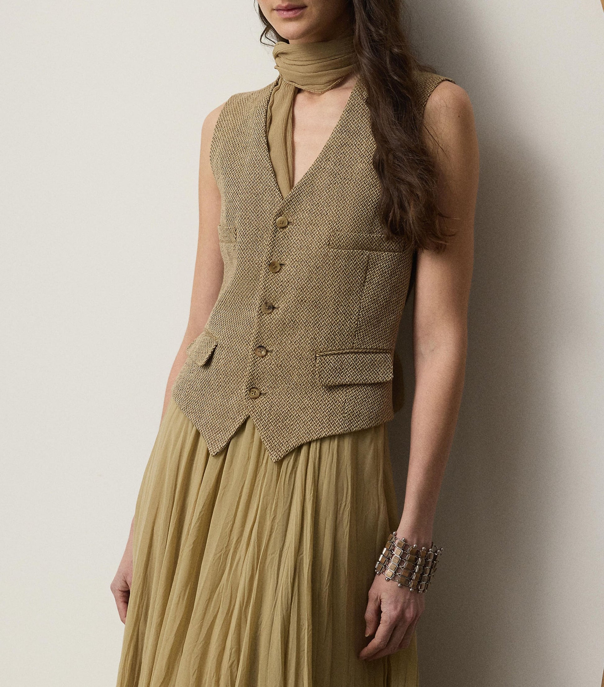 Ralph Lauren Collection Beige Linen Holland Barleycorn Tweed Waistcoat
