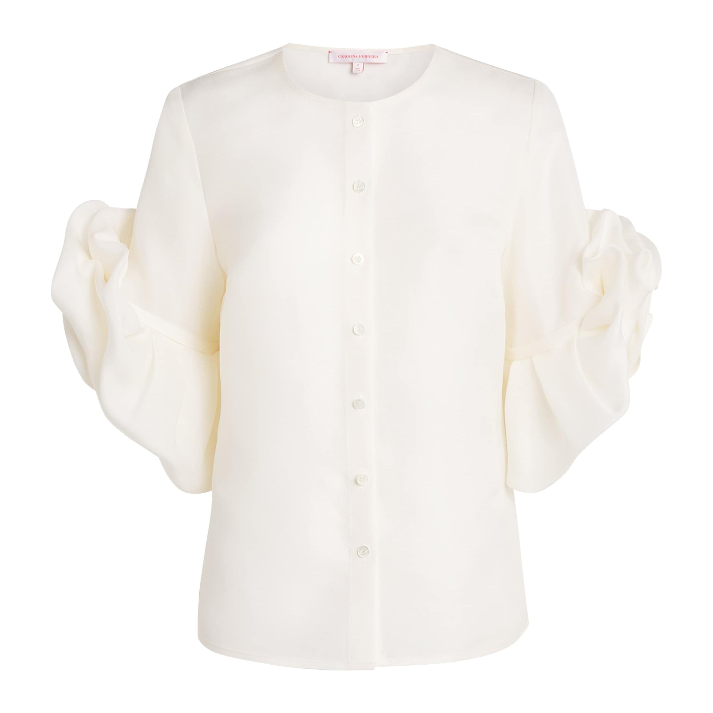 White Silk Gazar Rosette Blouse