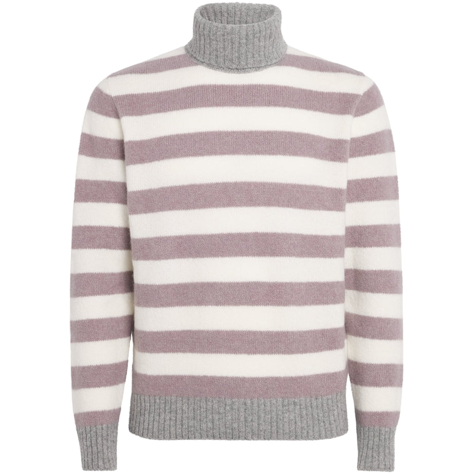 Eleventy White Cashmere-Blend Stripe Rollneck Sweater