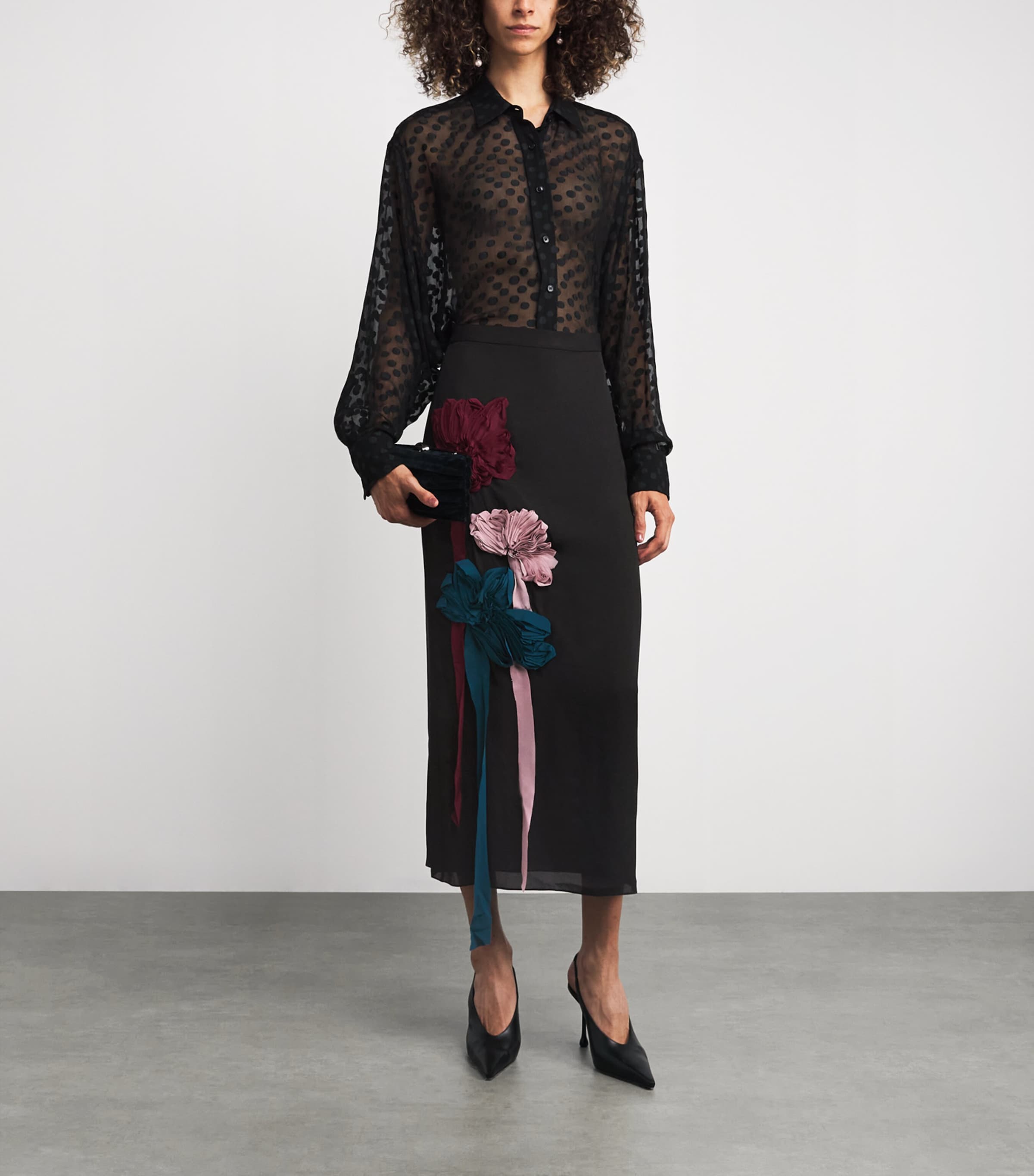 Erdem Black Silk-Blend Georgette Appliqué Midi Skirt