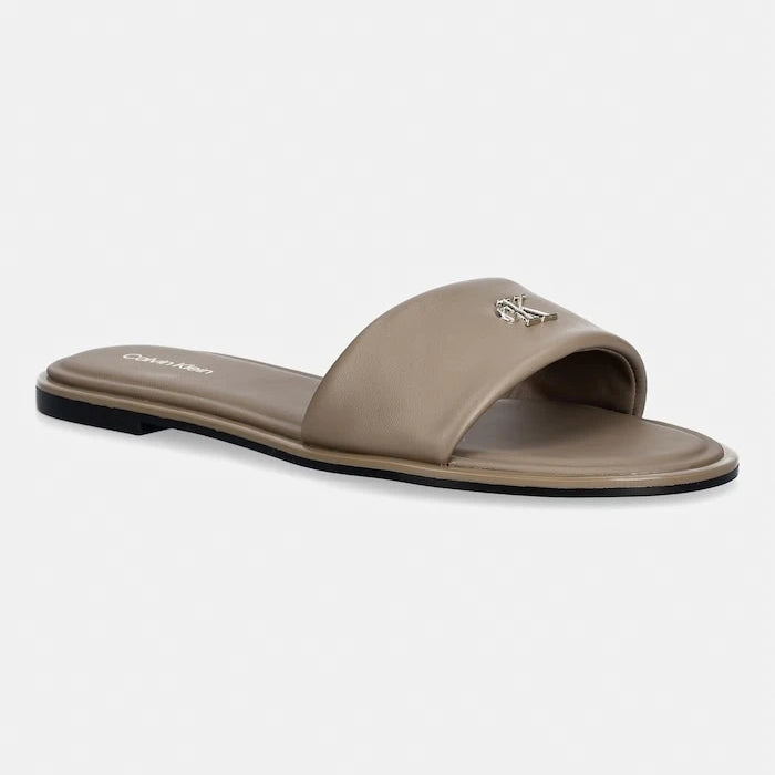 Calvin Klein чехли дамски от кожа ROUND FLAT SNDL LTH BAR HW 2