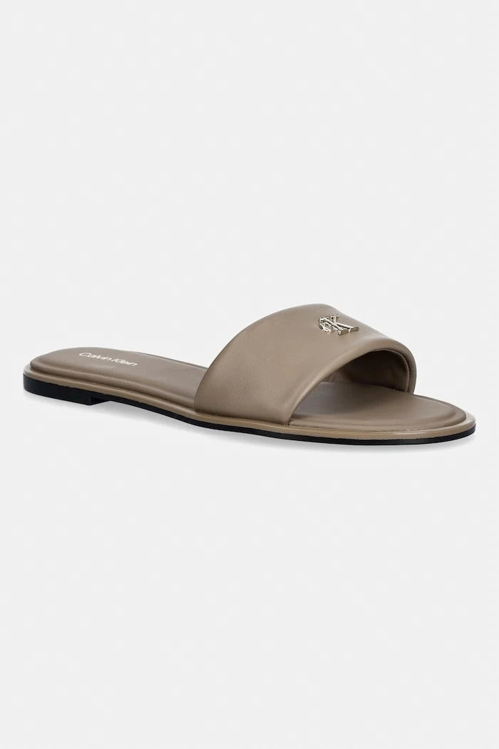 Calvin Klein чехли дамски от кожа ROUND FLAT SNDL LTH BAR HW 2