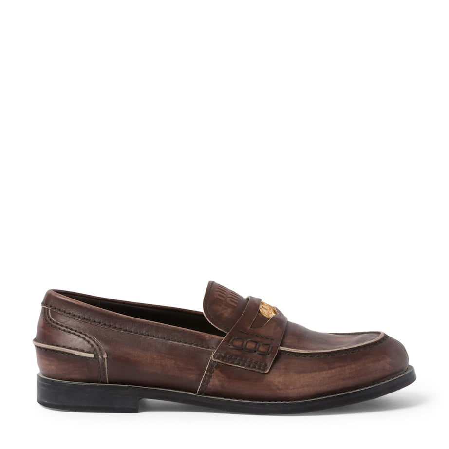 Miu Miu Brown Leather Vintage-Effect Loafers