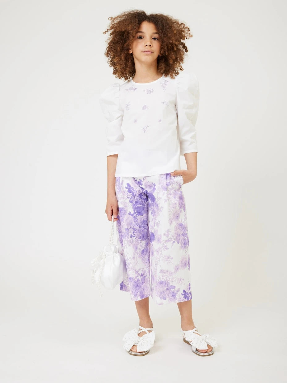 Monnalisa - Floral cotton wide-leg pants