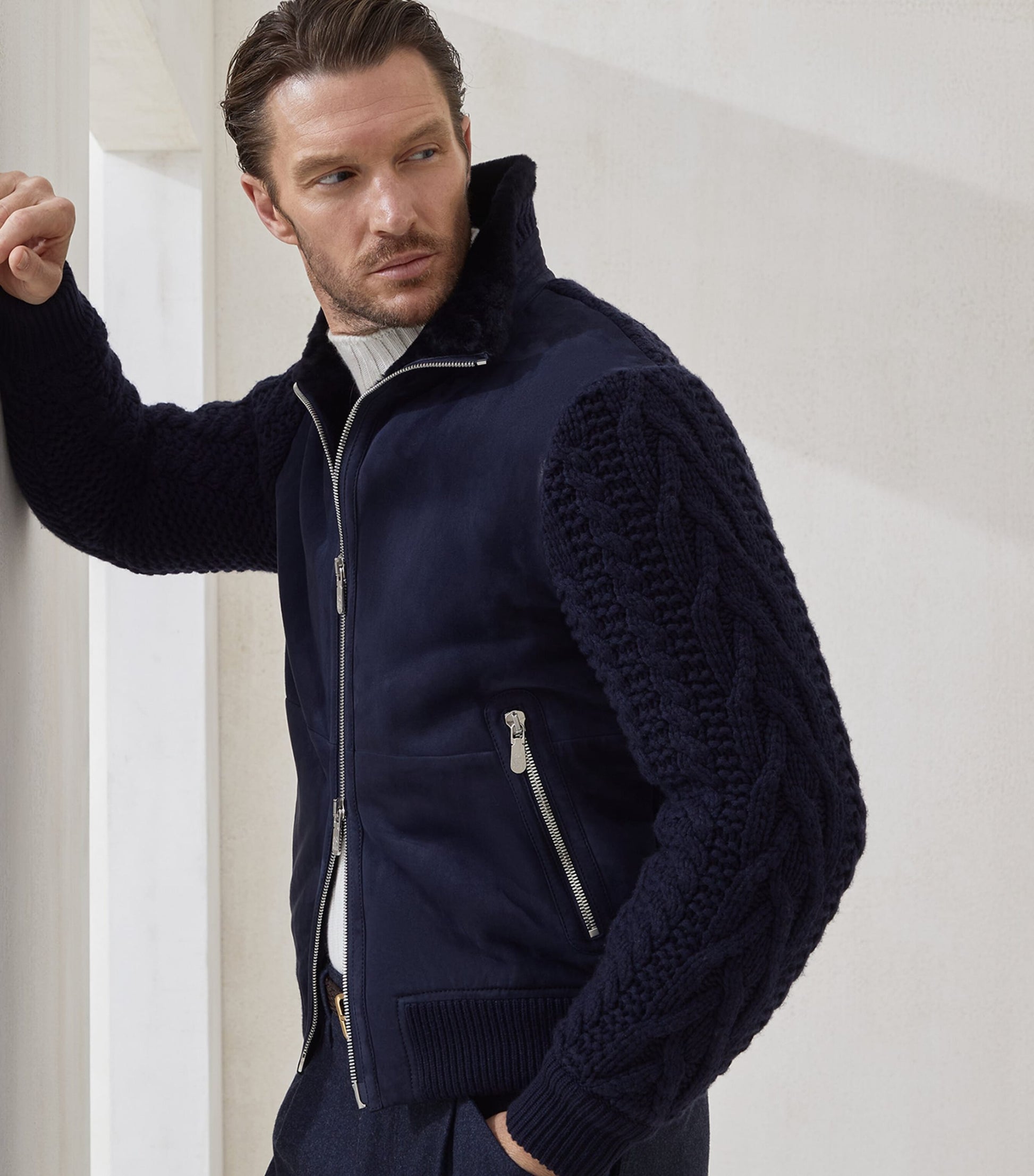 Brunello Cucinelli Blue Suede Knit Insert Bomber Jacket