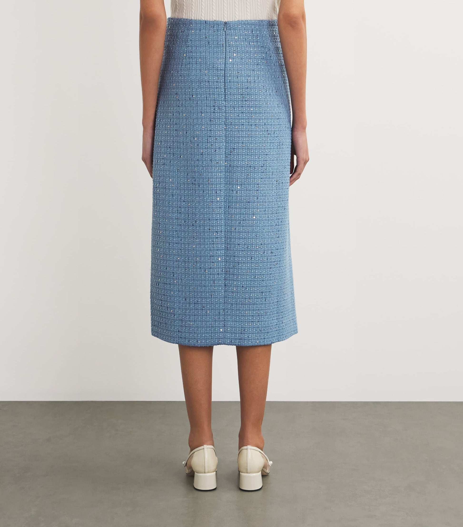 Blue Tweed Sequinned Midi Skirt