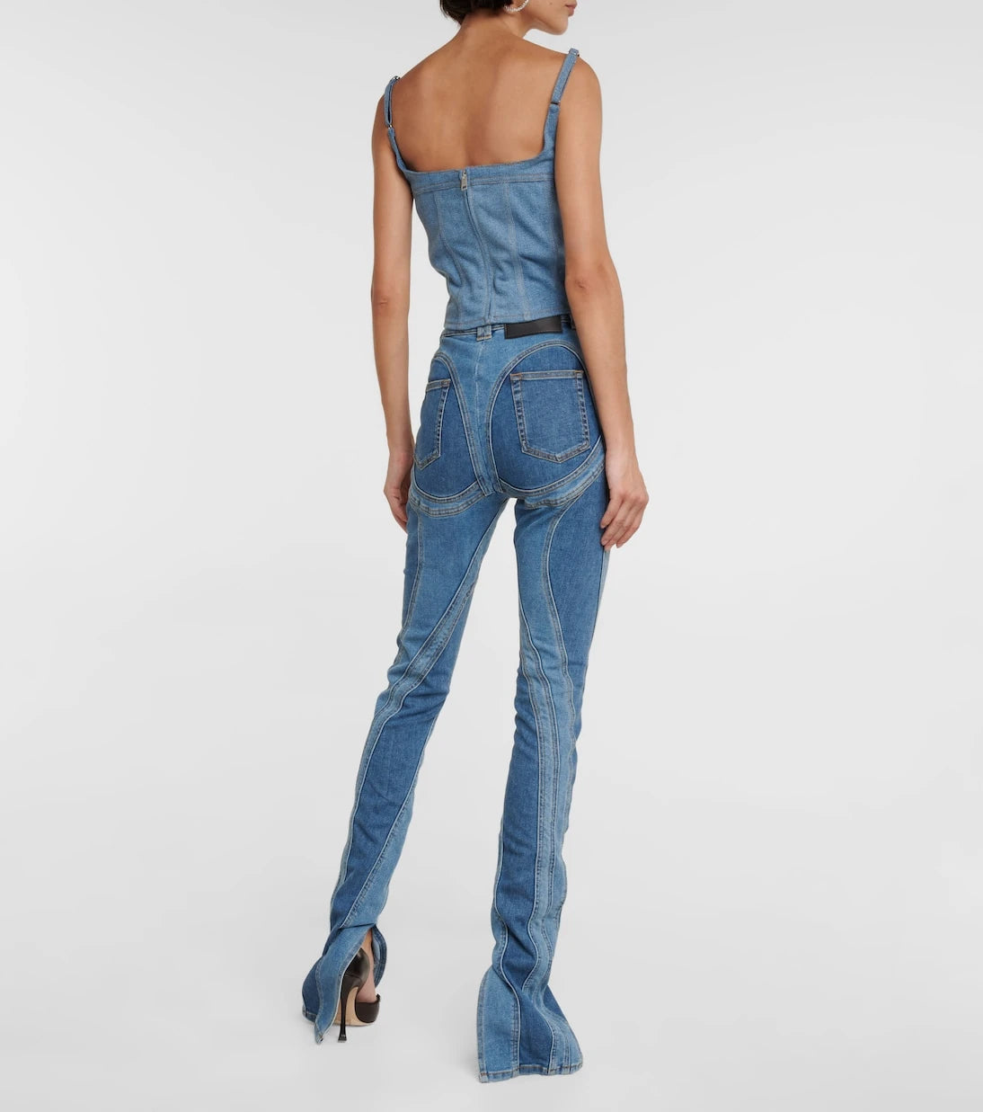 Mugler - Denim and mesh corset top