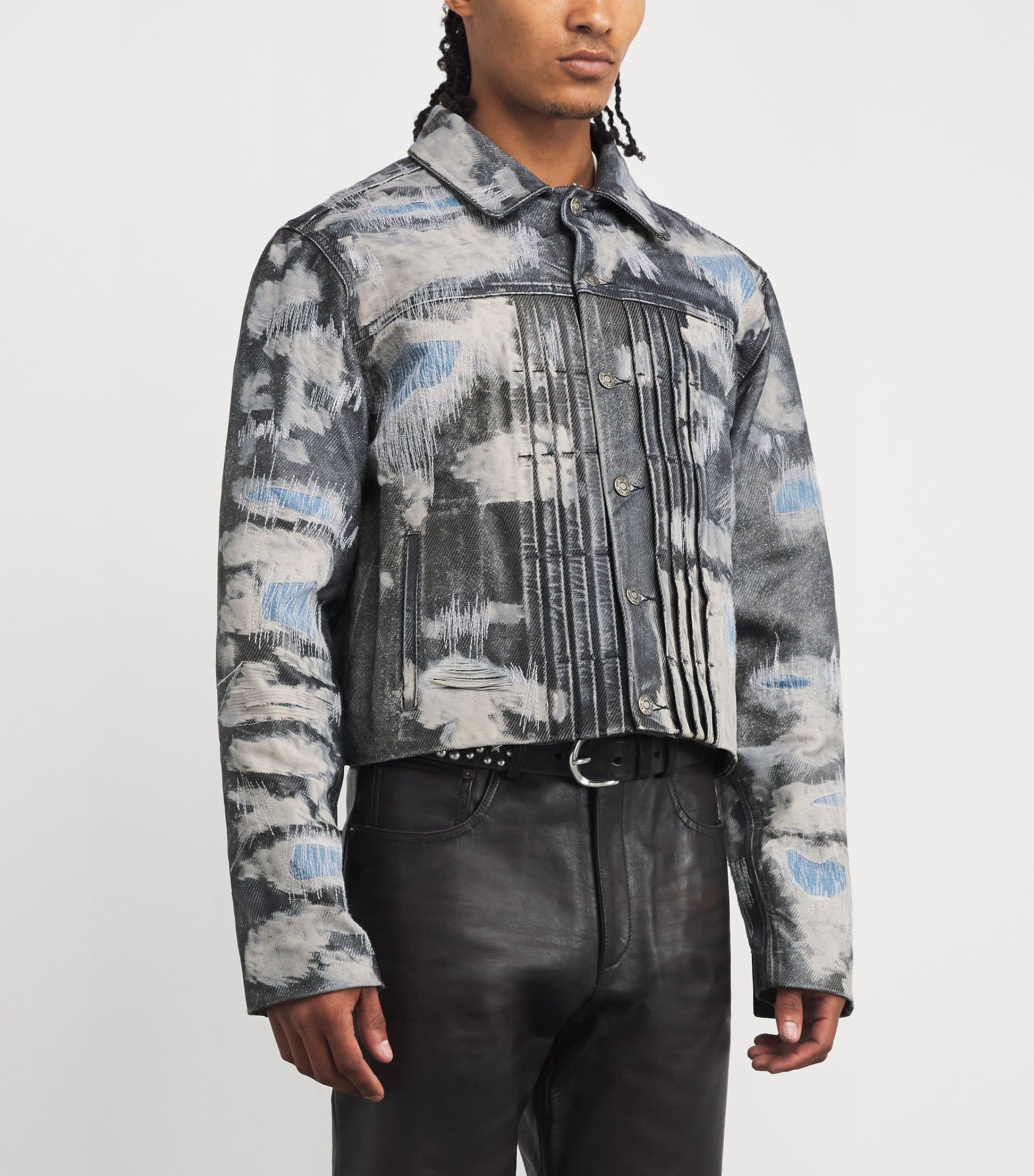 424 Blue Denim-Effect Trucker Leather Jacket