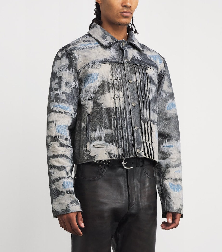 Blue Denim-Effect Trucker Leather Jacket