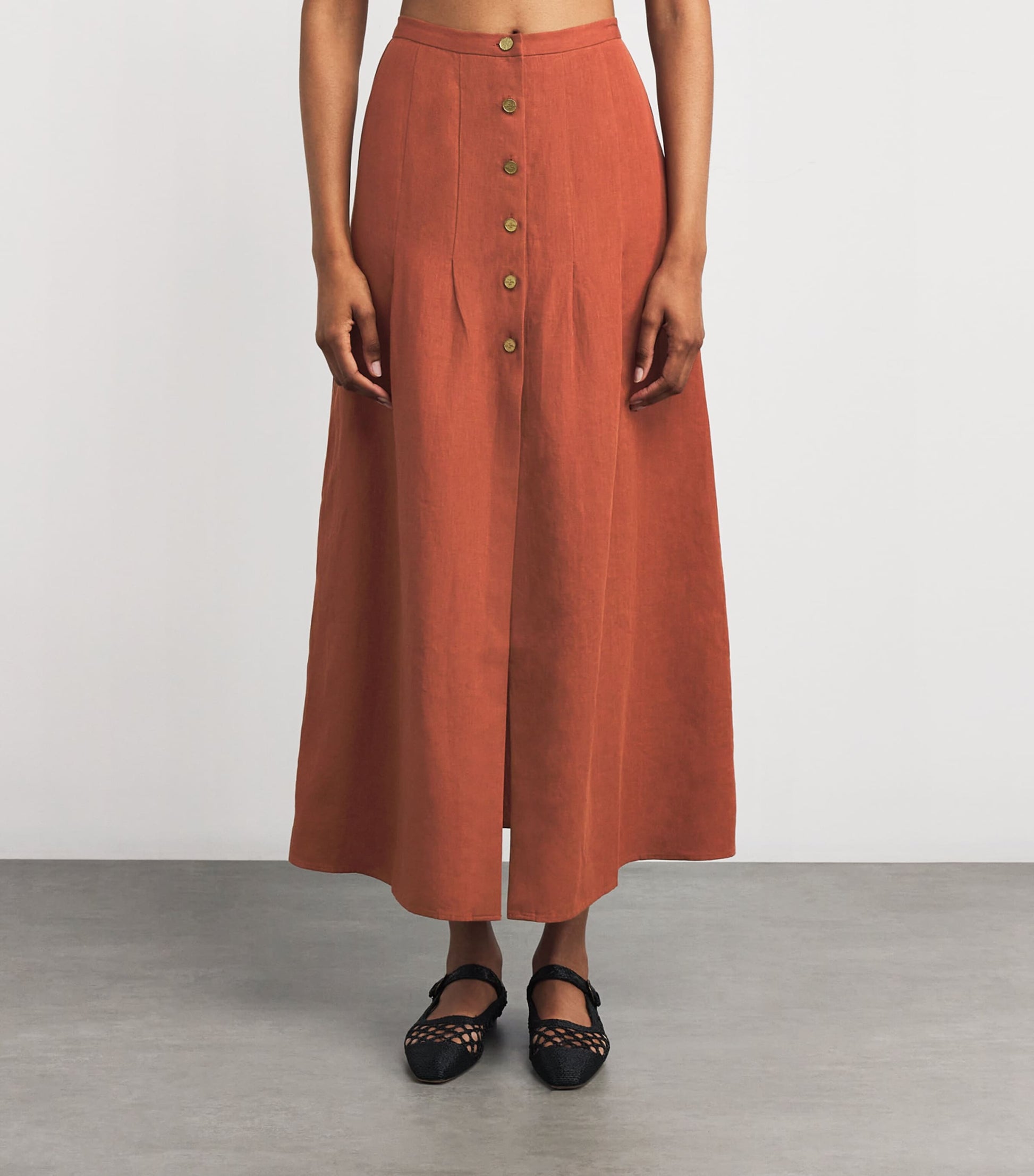 Le Kasha Red Linen Coin-Detail Maxi Skirt