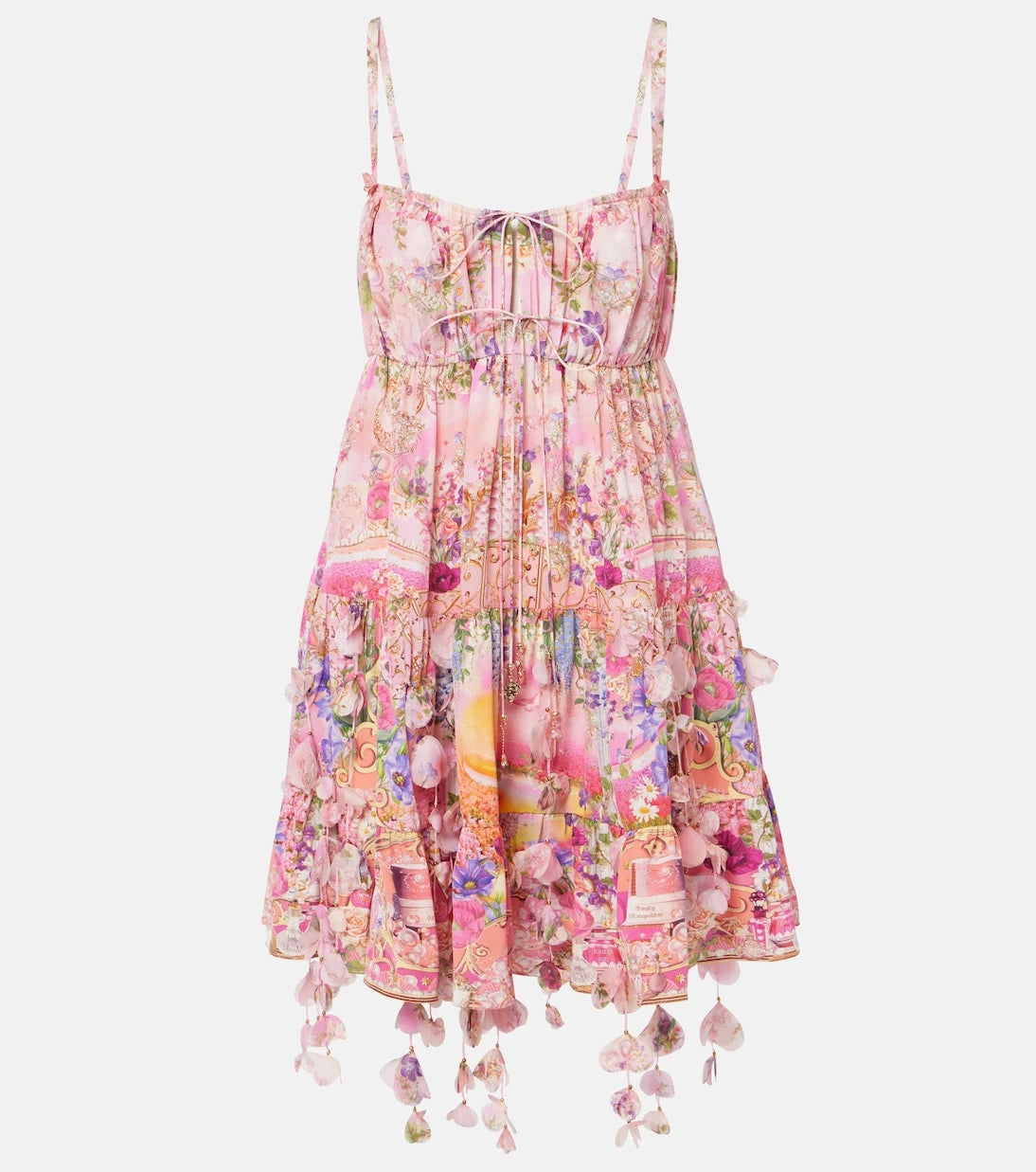 Camilla - Floral-appliqué gathered silk crêpe minidress