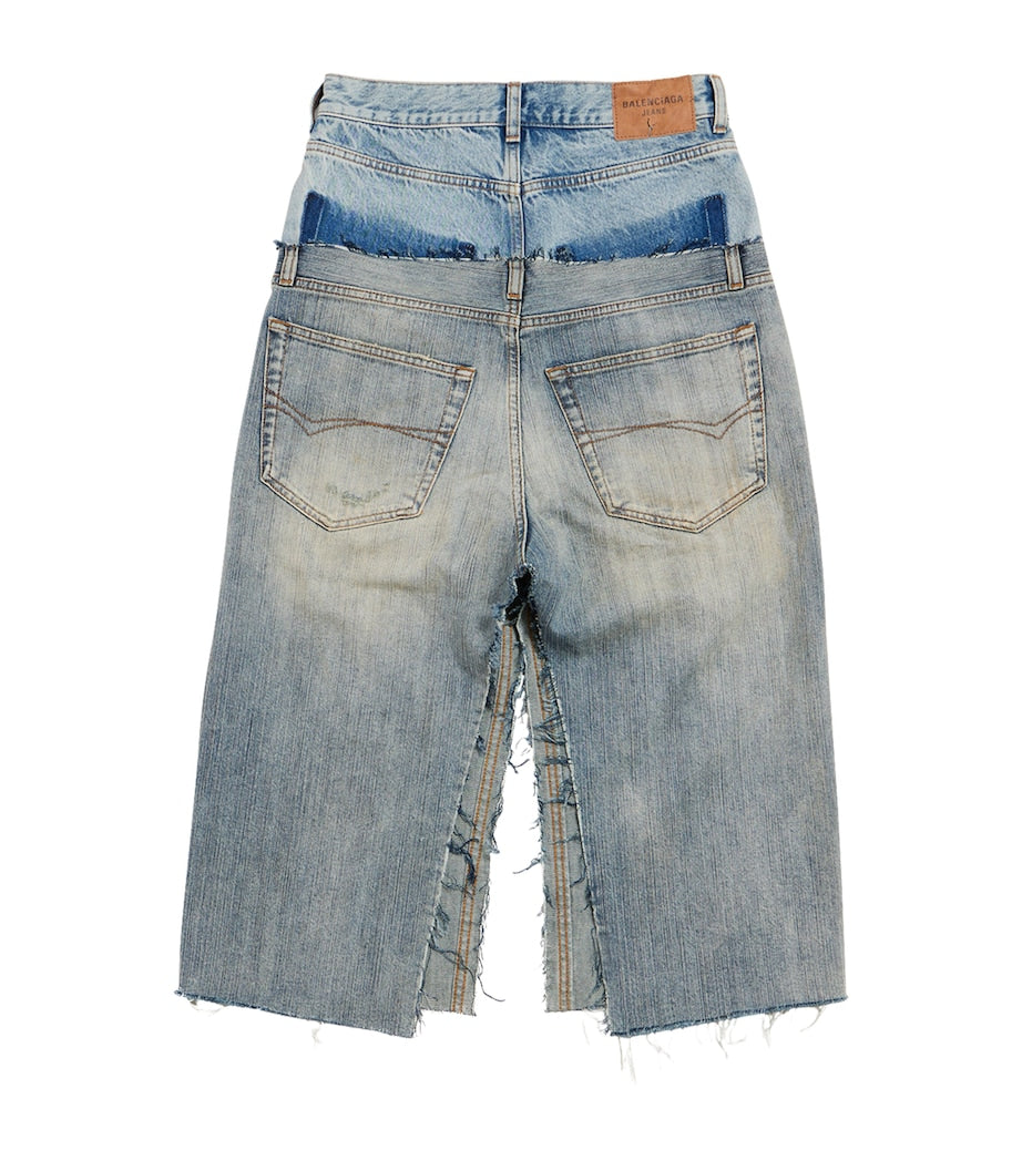 Blue Distressed Denim Midi Skirt