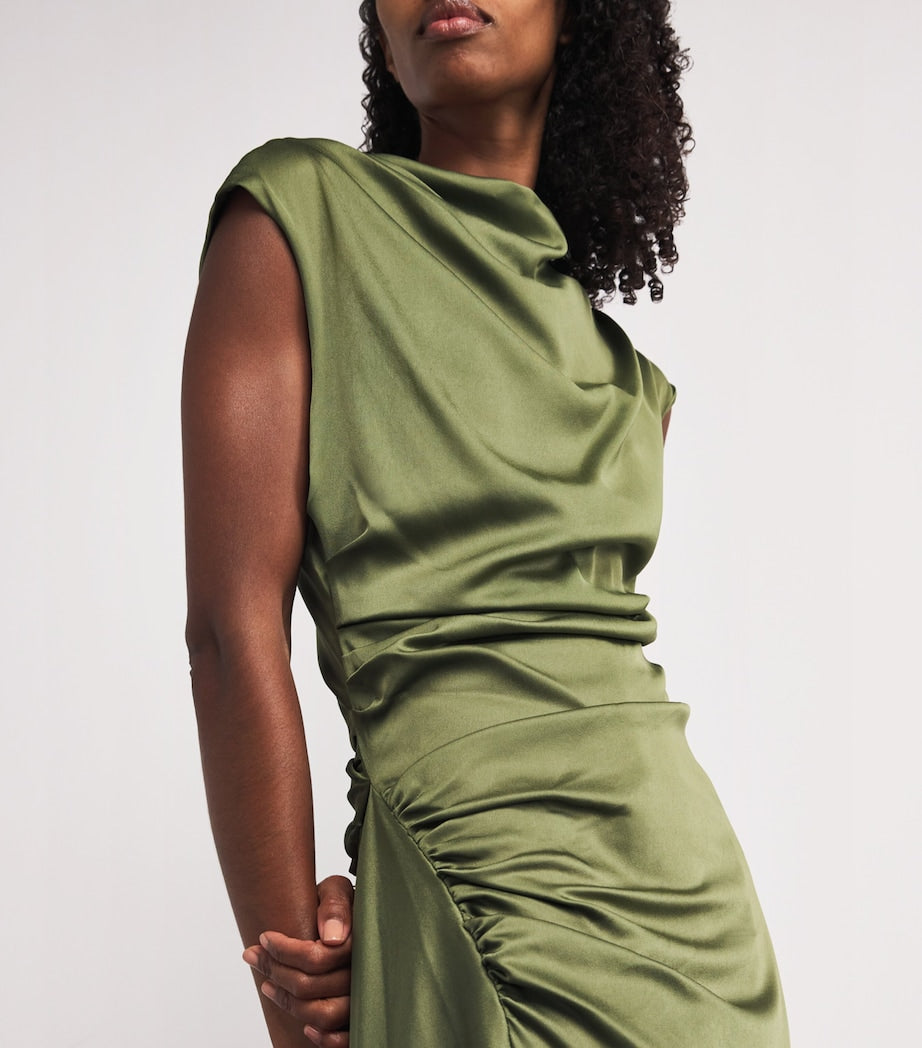 Green Satin Ruched Burke Midi Dress