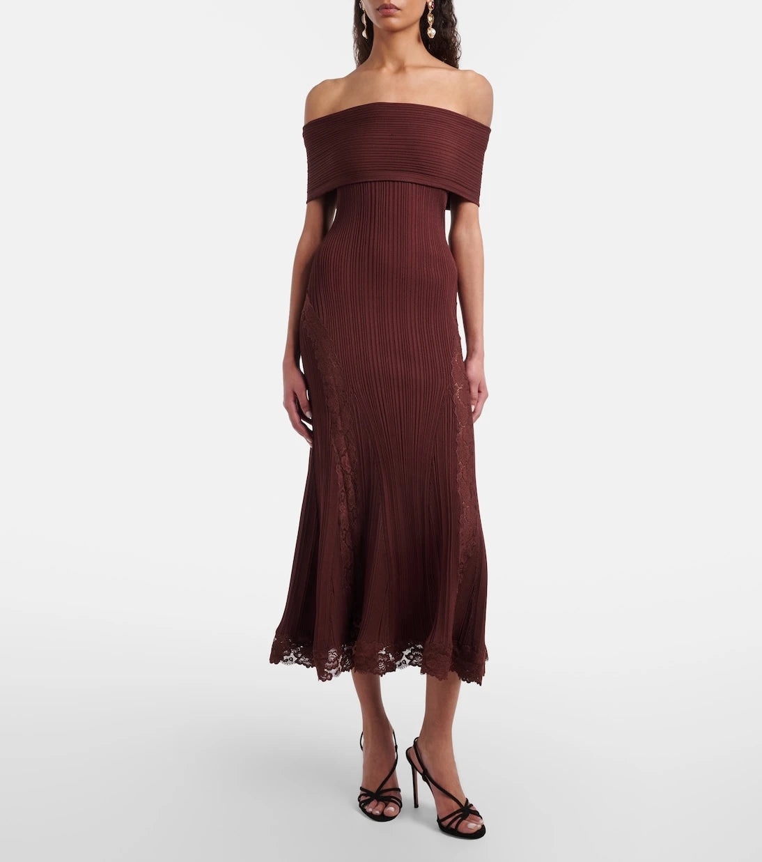 Self-Portrait - Lace-trimmed off-shoulder midi dress