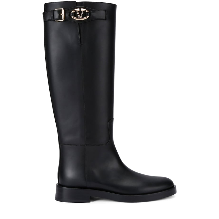 Valentino Garavani Black Leather VLogo Knee-High Boots 30