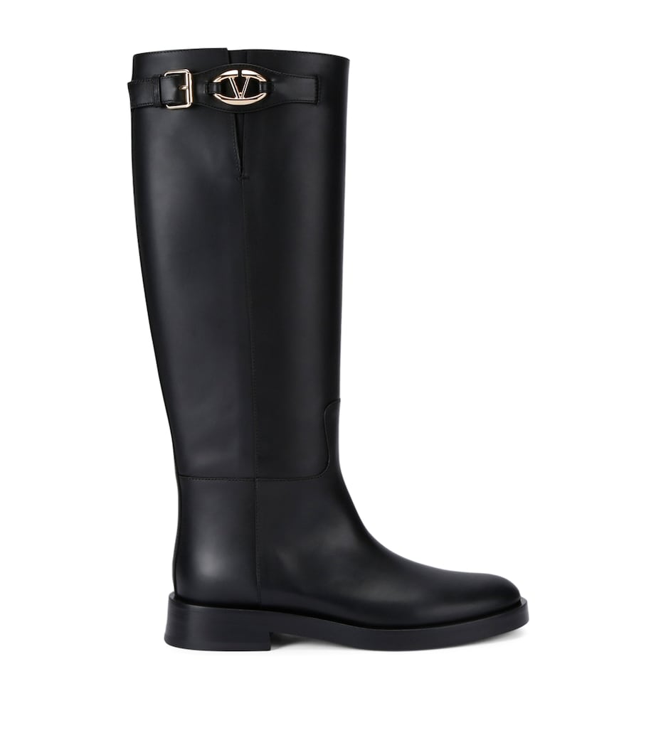 Valentino Garavani Black Leather VLogo Knee-High Boots 30