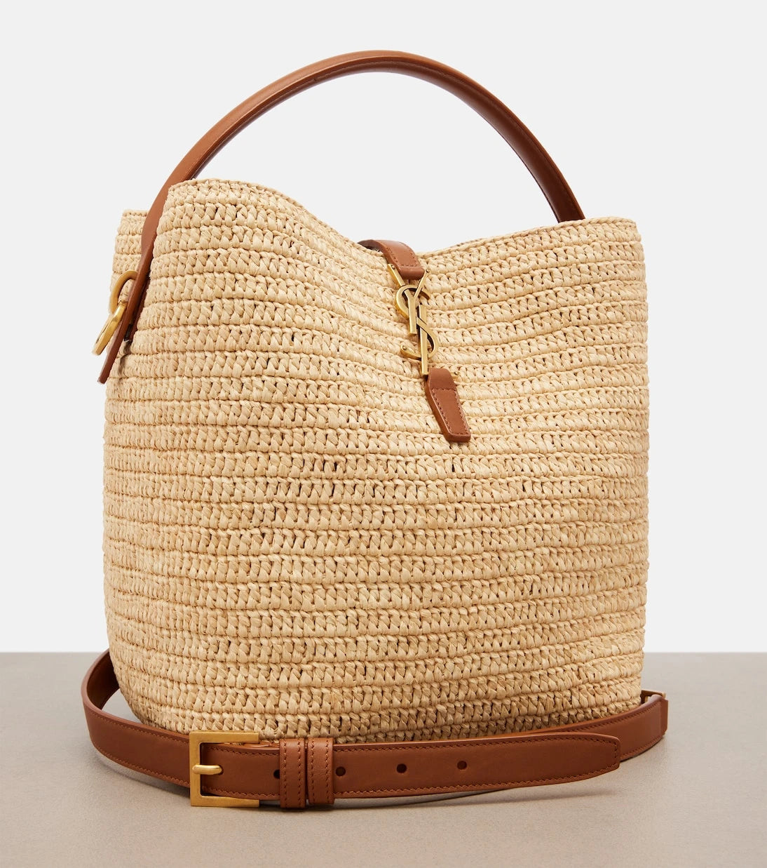 Saint Laurent - Le 37 leather-trimmed raffia bucket bag