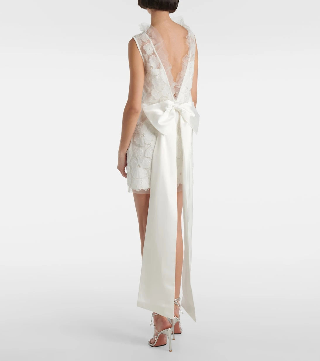 Self-Portrait - Bridal bow-detail beaded satin minidress
