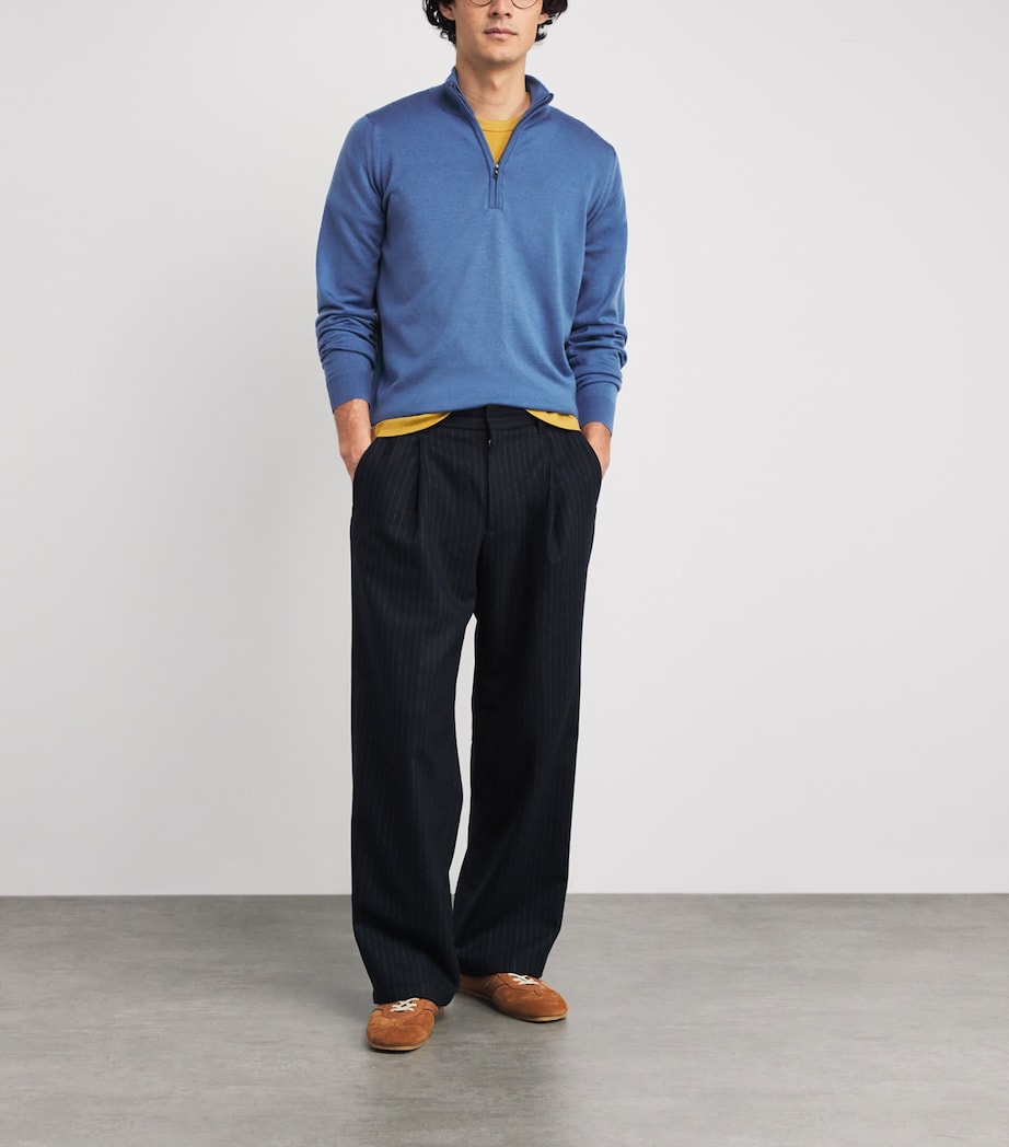 John Smedley Blue Extra Fine Merino Wool Half-Zip Tapton Sweater