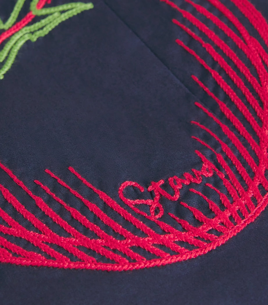 STAUD Navy Tomato-Embroidered Wells Midi Dress