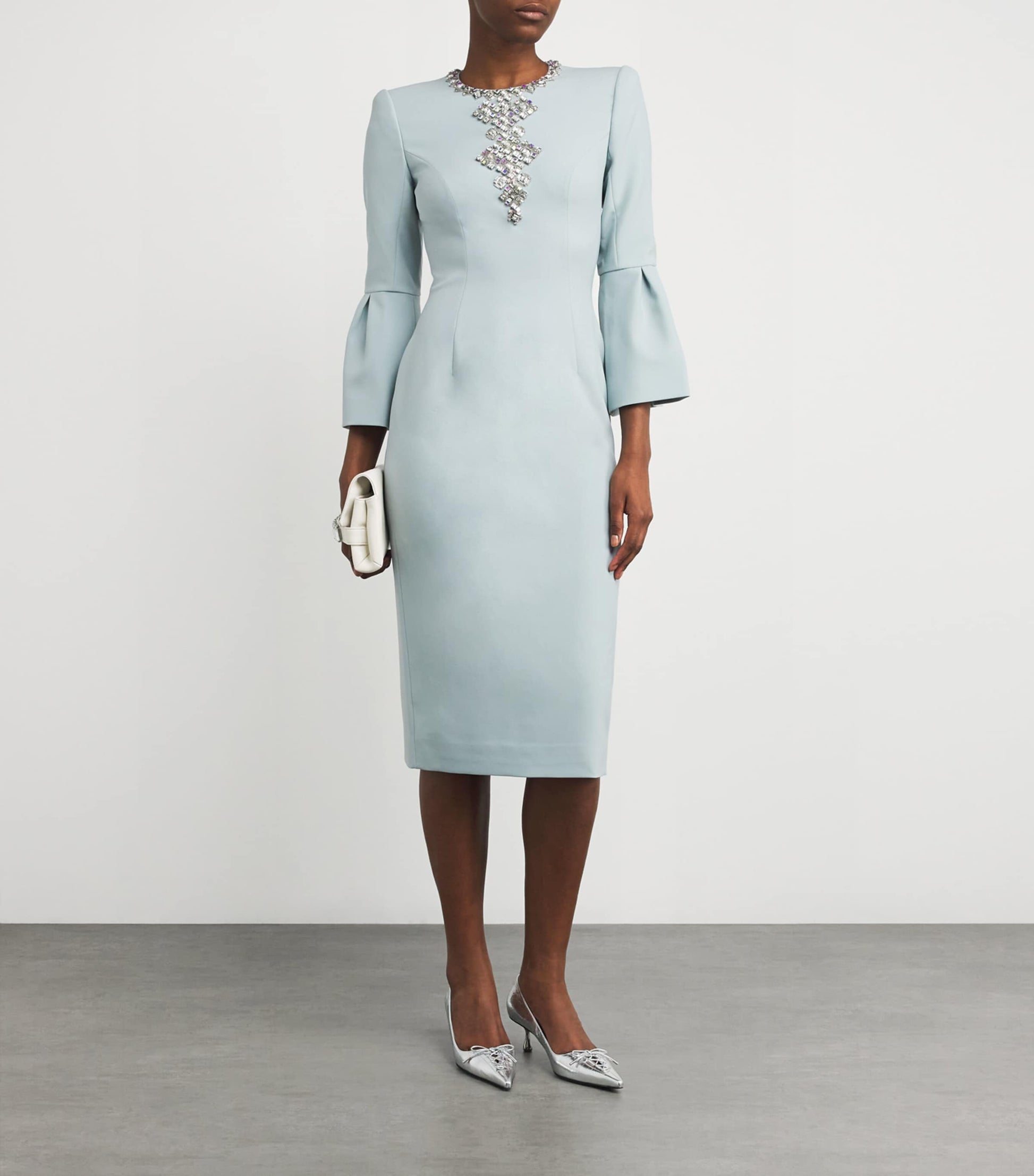 Jenny Packham Blue Crepe Embellished Margot Midi Dress