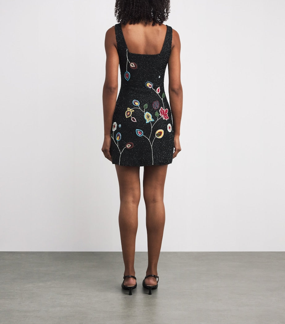 STAUD Black Beaded Floral Le Sable Mini Dress