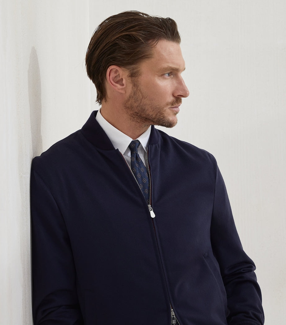 Brunello Cucinelli Blue Cashmere Flannel Bomber Jacket