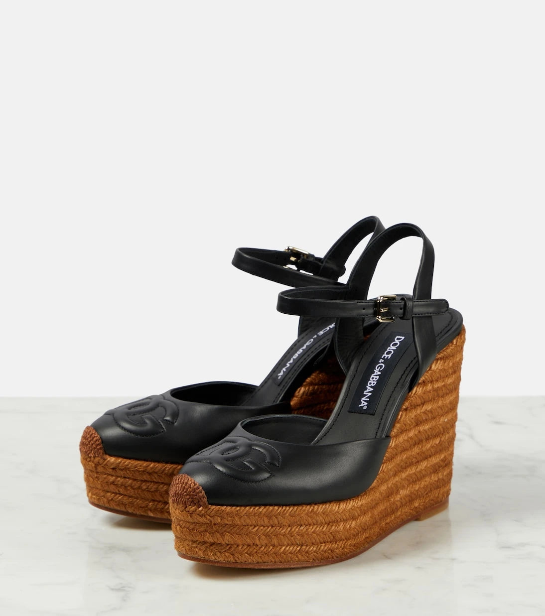 Dolce&Gabbana - Logo embroidered leather wedge espadrilles