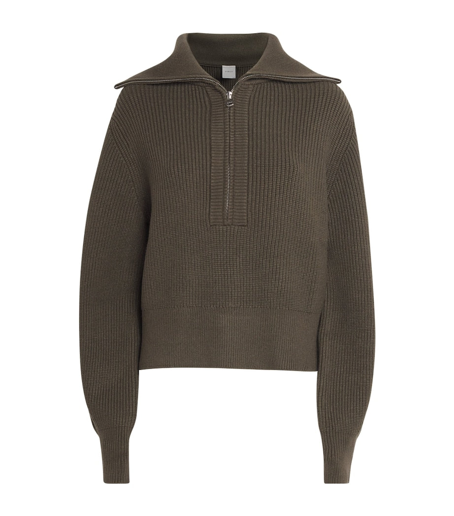 Varley Brown Ribbed Half-Zip Maura Sweater