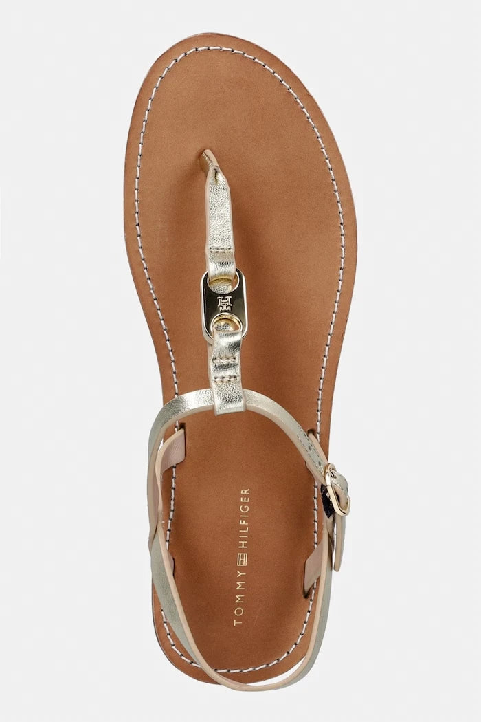 Tommy Hilfiger düz tabanlı kadın deri sandalet LEATHER THONG SANDAL GOLD