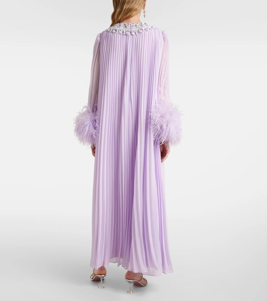 Self-Portrait - Feather-trimmed plissé chiffon maxi dress