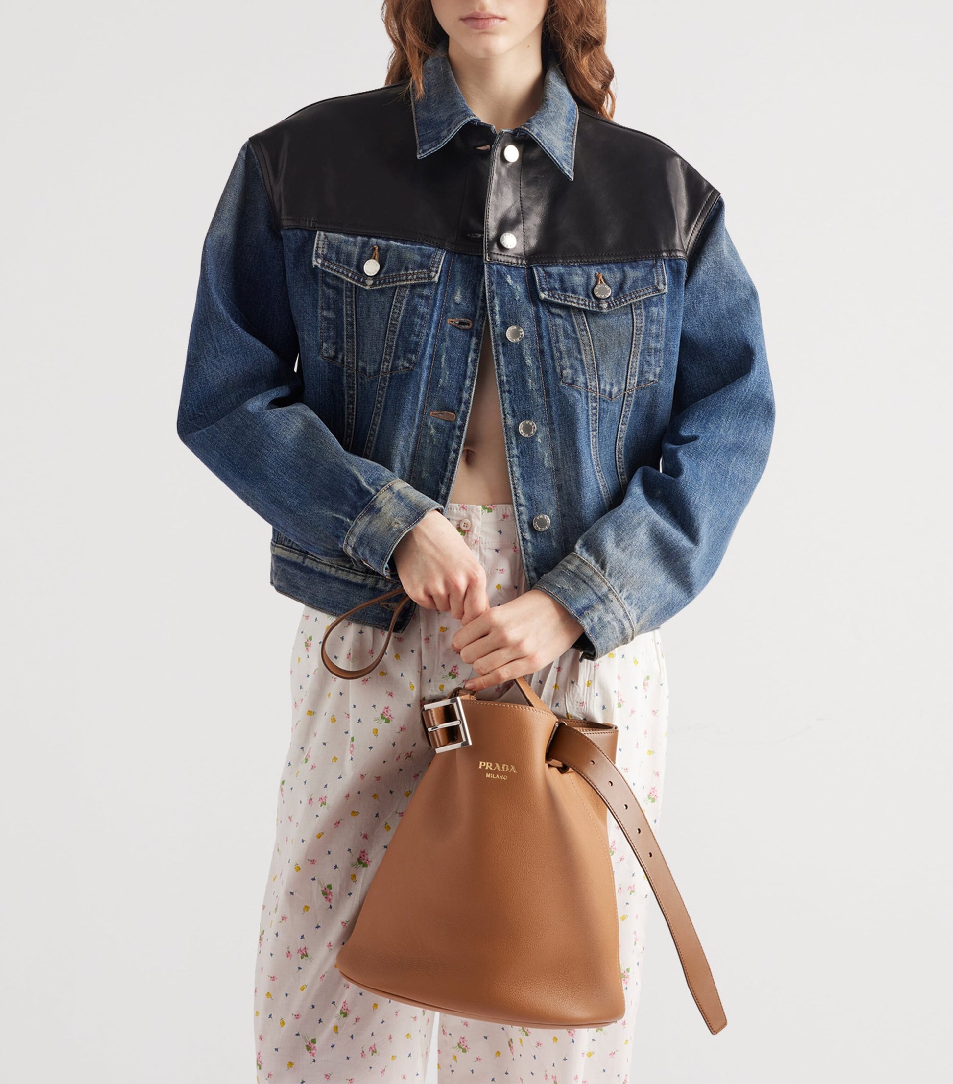 Prada Blue Leather-Trim Denim Jacket